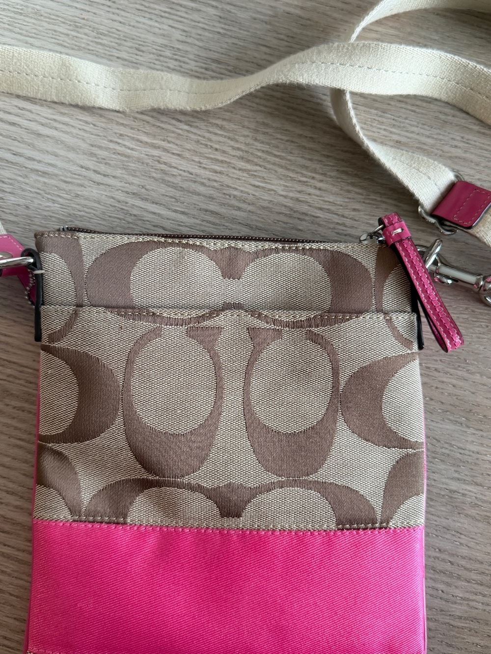 Coach Beige Signature Crossbody with Pink Trim